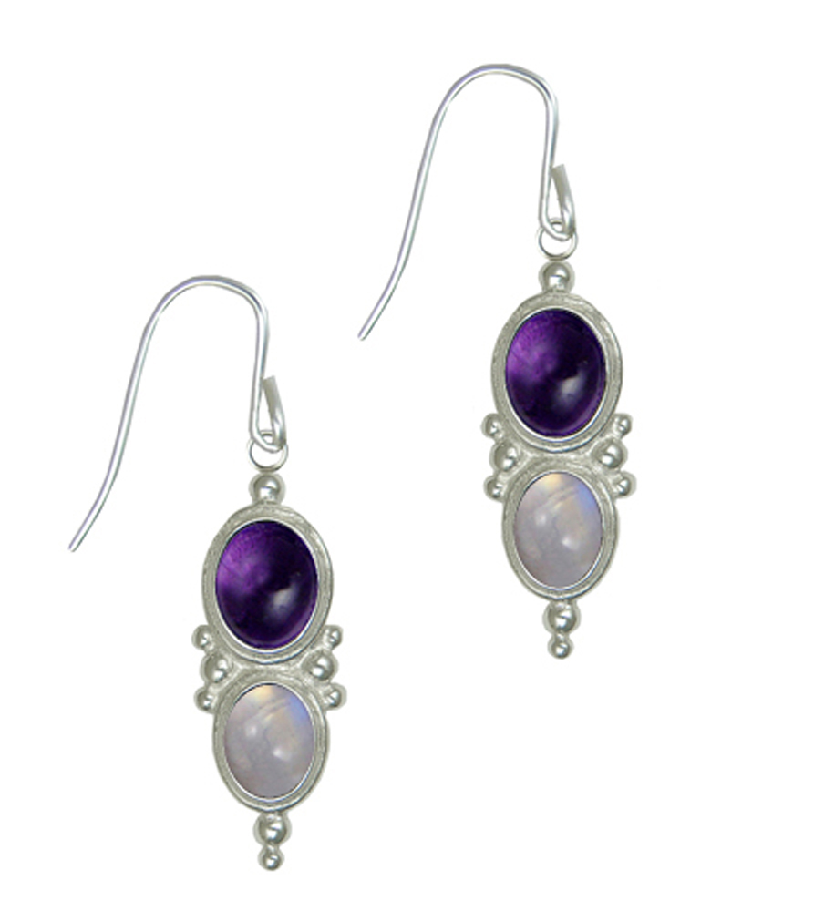 Sterling Silver Drop Dangle Earrings Amethyst And Rainbow Moonstone